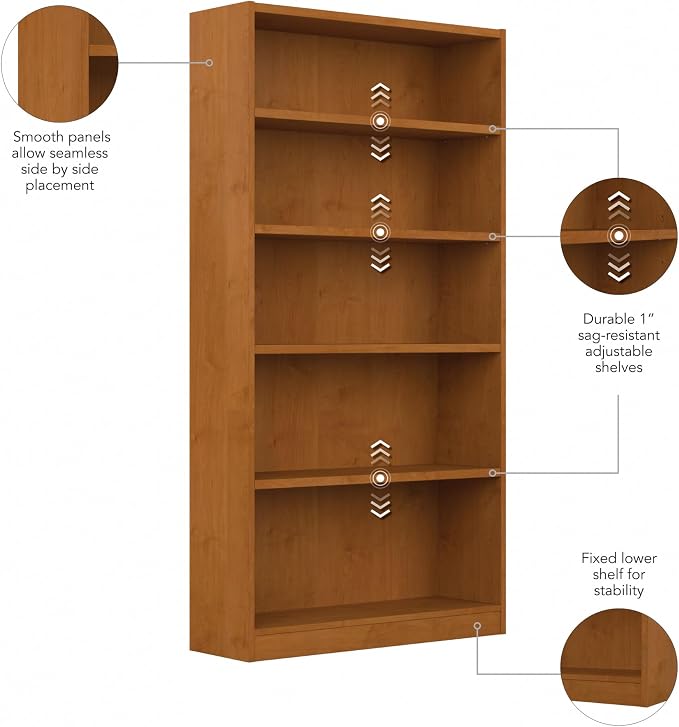 Bush Furniture Universal Tall 5 Shelf Bookcase in Natural Cherry, Vertical - Image 6