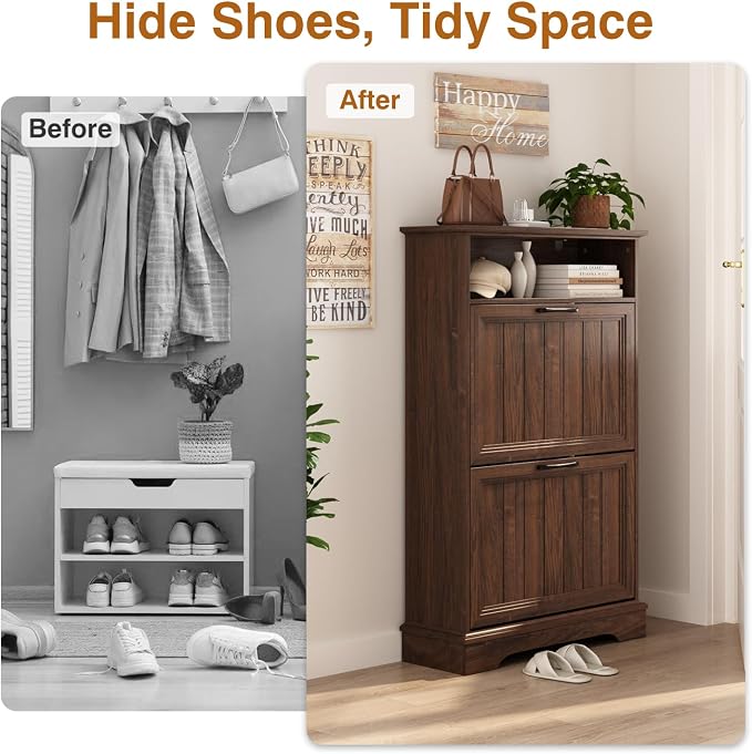 Shoe Storage Cabinet with 2 Flip Drawers, Narrow Slim Shoe Organizer - Image 4