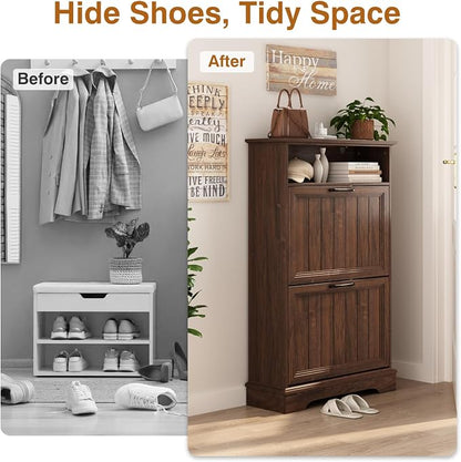Shoe Storage Cabinet with 2 Flip Drawers, Narrow Slim Shoe Organizer - Image 4