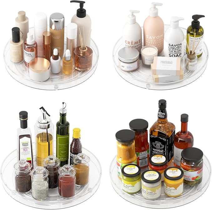 4 Pack Clear Lazy Susan Organizer, 11in Rotating Turntable Organizer, Cabinet by SlowSLog