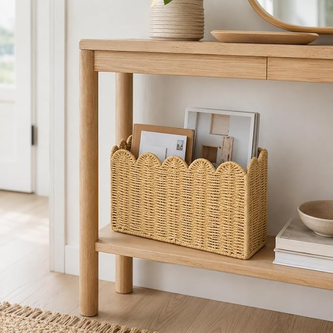 Paper Rope Magazine Holder, Tall Narrow Scalloped Basket | Handwoven Paper Rope - Image 8