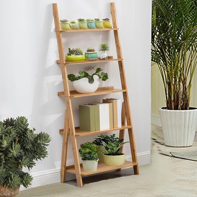 DOUSY- 5-Tier Bamboo Ladder Shelf Ladder Bookshelf Plant & Flower Stand Bookcase - Image 7