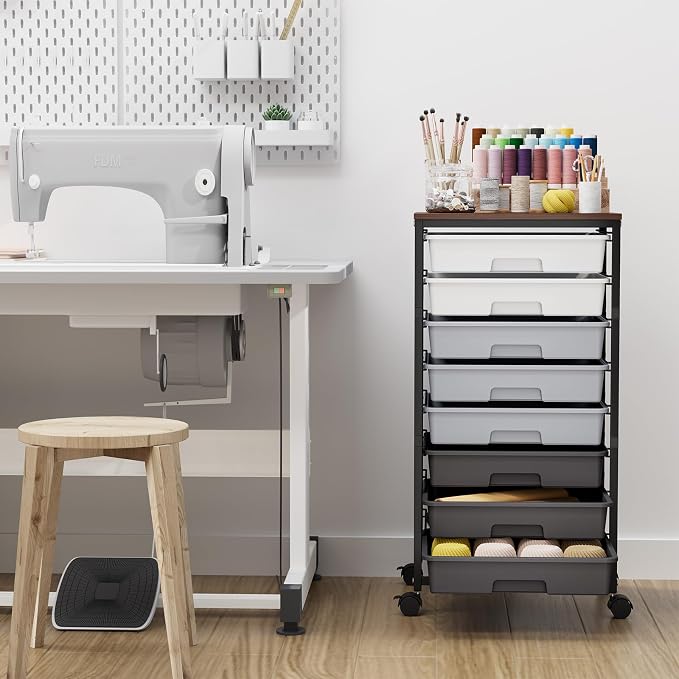 Rolling Storage Cart with 8 Drawers, Utility Cart on Wheels with Wooden Tabletop - Image 2