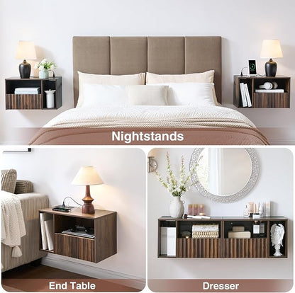 Floating Nightstand with Charging Station, Walnut Fluted Wall Mounted - Image 5