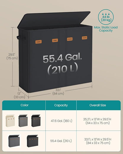 SONGMICS 55.4 Gallon Laundry Hamper, 4-Compartment Laundry Basket Sorter - Image 5