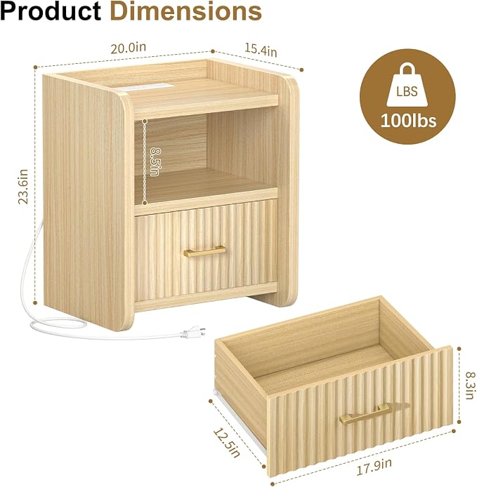 Night Stand with Charger Station, Fluted Wood Nightstand with Drawer Storage - Image 2