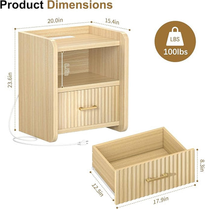 Night Stand with Charger Station, Fluted Wood Nightstand with Drawer Storage - Image 2