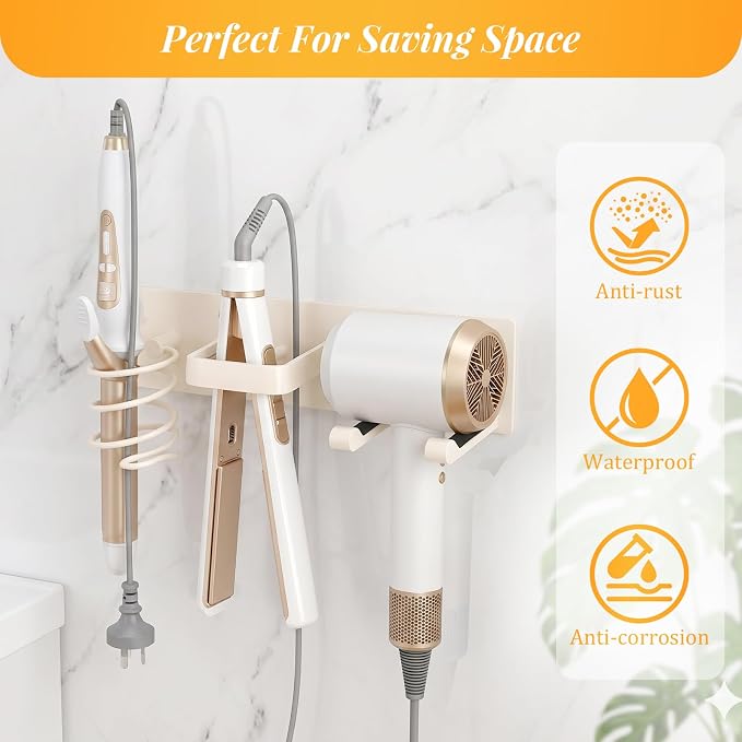Hair Dryer Holder Wall Mount No Drill, 3 in 1 Curling Iron Holder & Flat Iron - Image 7