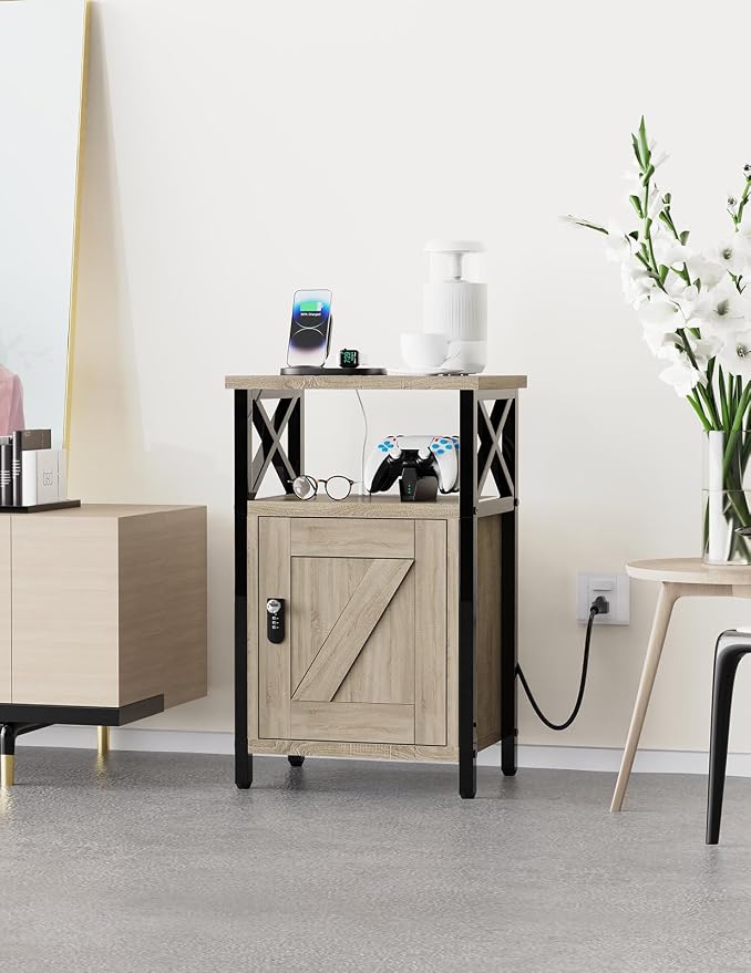 runjuly Wooden Nightstand with Lock Cabinet and Charging Station, Greige | 1 - Image 7