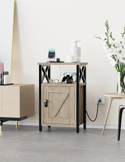 runjuly Wooden Nightstand with Lock Cabinet and Charging Station, Greige | 1 - Image 7