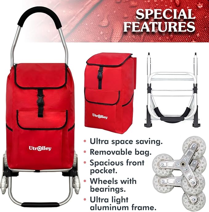 Ultra-Lightweight Foldable Stair-Climbing Red Shopping Cart - 42L Capacity - Image 6