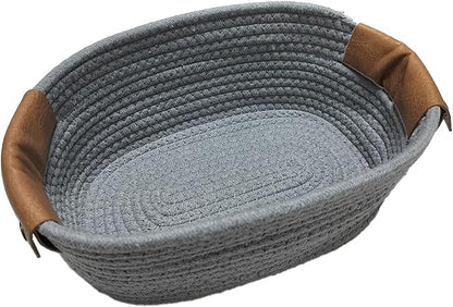 Small Cotton Woven Basket with PU Leather Handle, Baby Kids Clothes Toys Candy by SOORXIEIN