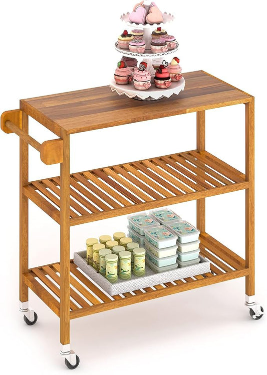 Interbuild 3 Tier Acacia Hardwood Kitchen Cart Portable Rolling Trolley Cart by InterbuildRealWood