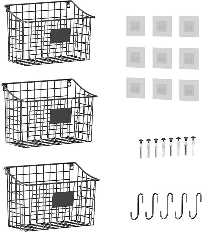 Wall Mounted Bin Basket with 5 Hooks 3 Label Plate Adhesive-3 Pack, Cabinet by X-cosrack
