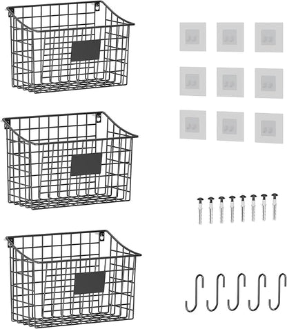 Wall Mounted Bin Basket with 5 Hooks 3 Label Plate Adhesive-3 Pack, Cabinet by X-cosrack