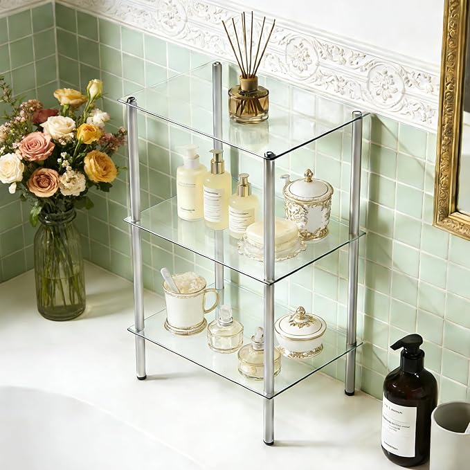 HOOBRO Glass Shelf, 3 Tier Bathroom Standing Shelf Unit, Tempered Glass - Image 4