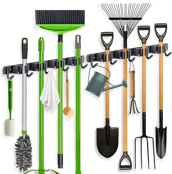 ZONGOOL 2 Pack Broom Holder Wall Mount, 4 Racks and 5 Hooks Mop Hanger Wall by ZONGOOLHouseware