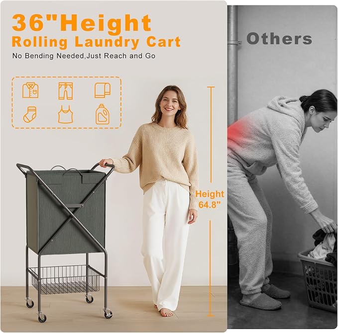 Laundry Basket with Wheels:88L Rolling Laundry Cart Foldable Metal Frame Dirty - Image 2