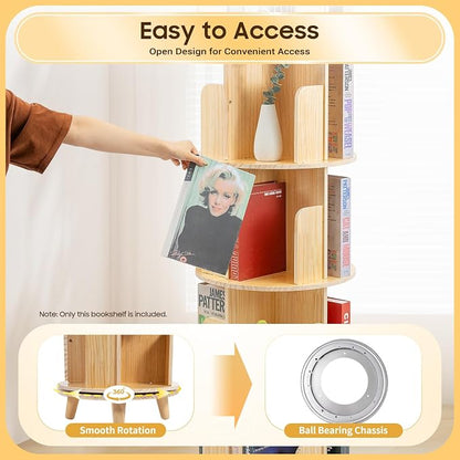 Rotating Bookshelf, 6-Tier Pine Wood Bookcase, Freestanding Bookcase Books - Image 5