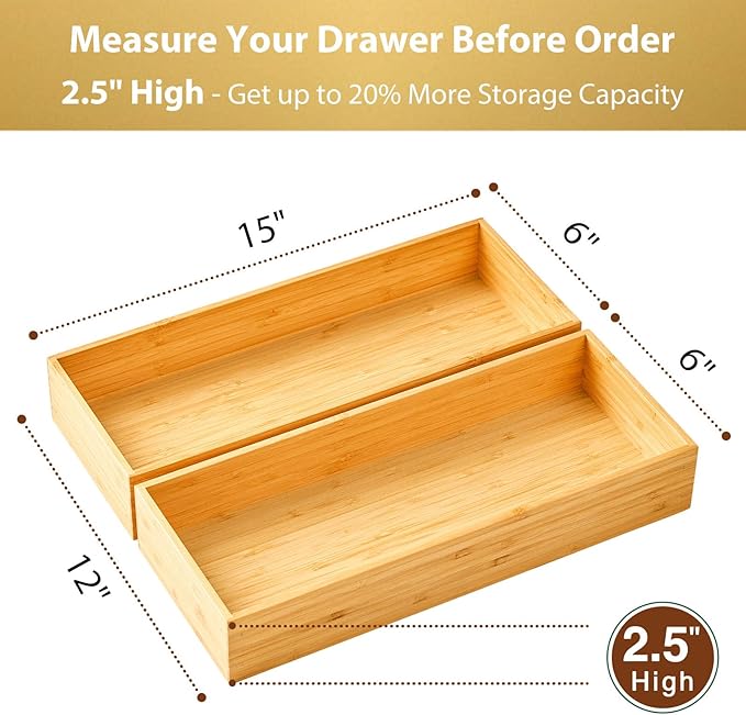 Umilife Bamboo Kitchen Utensils Organizer, Extra High Silverware Drawer Tray - Image 2