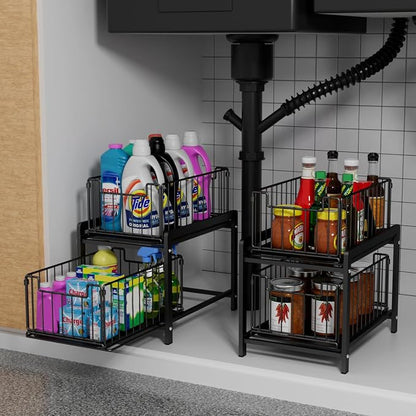 2 Tier Sliding Basket Drawer Organizer, Lxmons Pull Out Under Sink Cabinets - Image 3