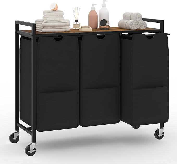 3-Section Laundry Hamper with Shelf Pull-Out Removable 12.8 gal Bags, Metal by GarveeHome
