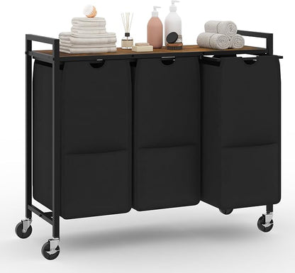 Laundry Sorter with Wheels, 3 Section, Rustic Brown Black | 100lb Top Shelf - Image 2
