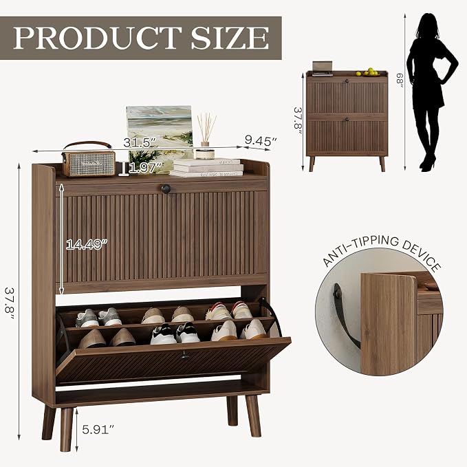 Fluted Shoe Cabinet Storage for Entryway, 31.5" W Narrow Shoe Cabinet - Image 2