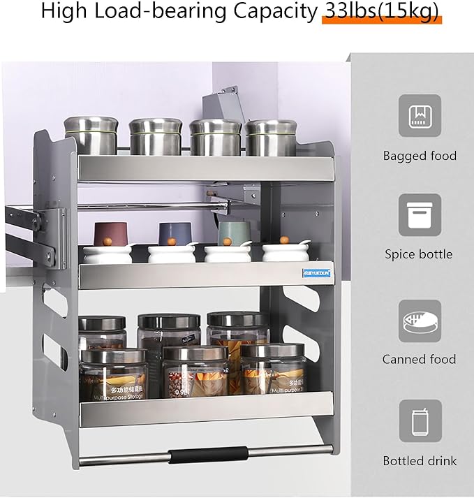 Heavy-Duty 3-Tier Pull Down Kitchen Shelf, Metal Dish & Spice Rack System - Image 3