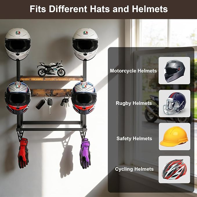 Motorcycle Helmet Hanger Wall Mount, Tiered Wooden Organizer - Image 5