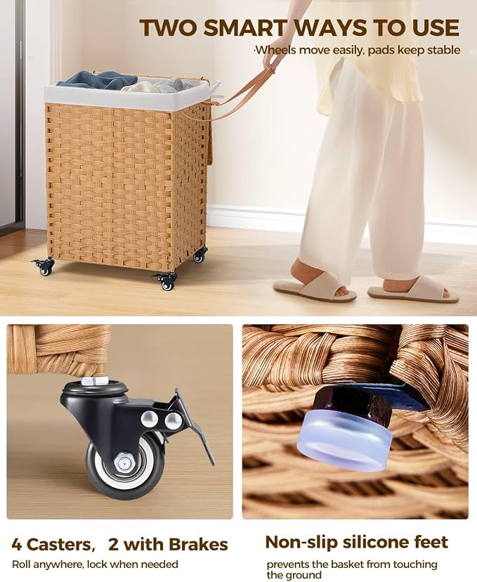 Greenstell Laundry Hamper with Wheels, No Install Needed, 90L Divided Handwoven - Image 3