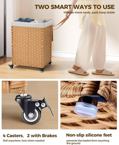 Greenstell Laundry Hamper with Wheels, No Install Needed, 90L Divided Handwoven - Image 3