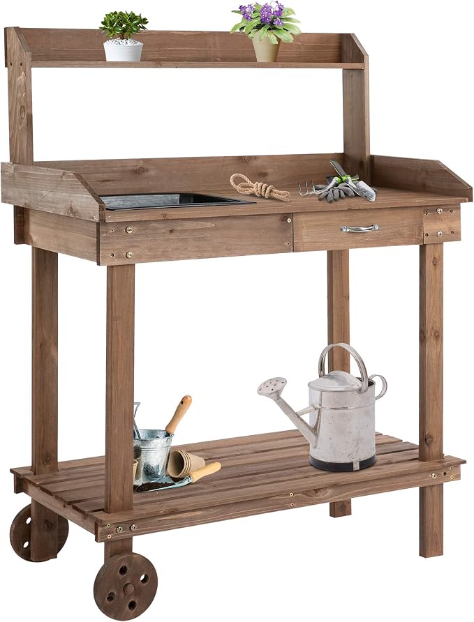 Potting Bench Table, 36 in Wooden Garden Work Table - Image 2
