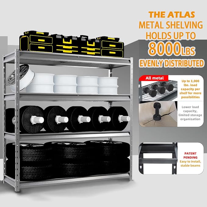 The Atlas 72" W Heavy Duty Garage Shelving Load 8000 Lbs, 4 Tier Metal Storage - Image 3