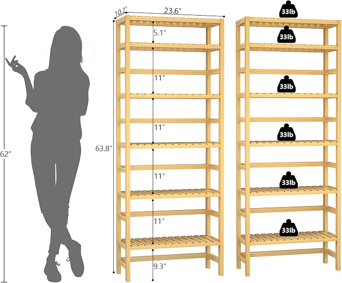 Homykic 6-Tier Bamboo Bookshelves and Bookcases, Adjustable 63.4”Tall Shallow - Image 3