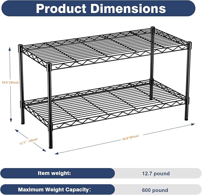 2 Tier Wire Shelf, Height Adjustable Design, 35.8"Wx17.7Dx19.6H, Lockable - Image 3