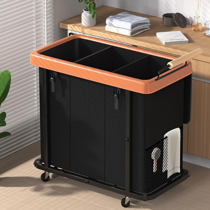 Rolling Laundry Hamper with Wheels, Laundry Hamper 3 Section with Lid, Laundry by ELOWEN