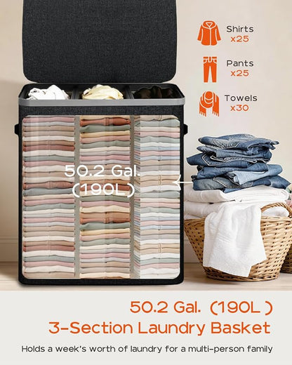 CASAMAYA Laundry Basket with Lid, Laundry Hamper 3 Section, 190L collapsible - Image 3