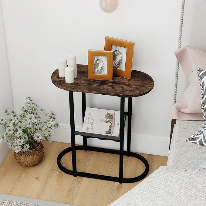 Tangkula Oval Narrow Side Table, 2-Tier End Table w/Mesh Magazine Rack - Image 9