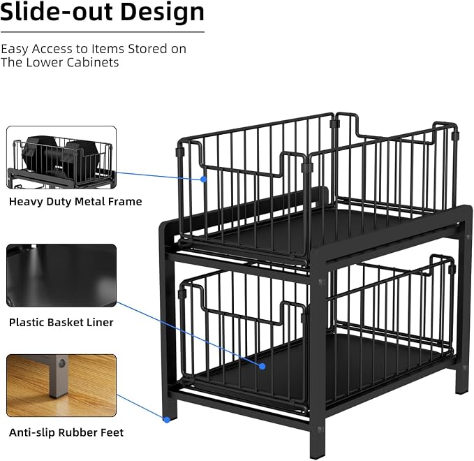 2 Tier Sliding Basket Drawer Organizer, Lxmons Pull Out Under Sink Cabinets - Image 4
