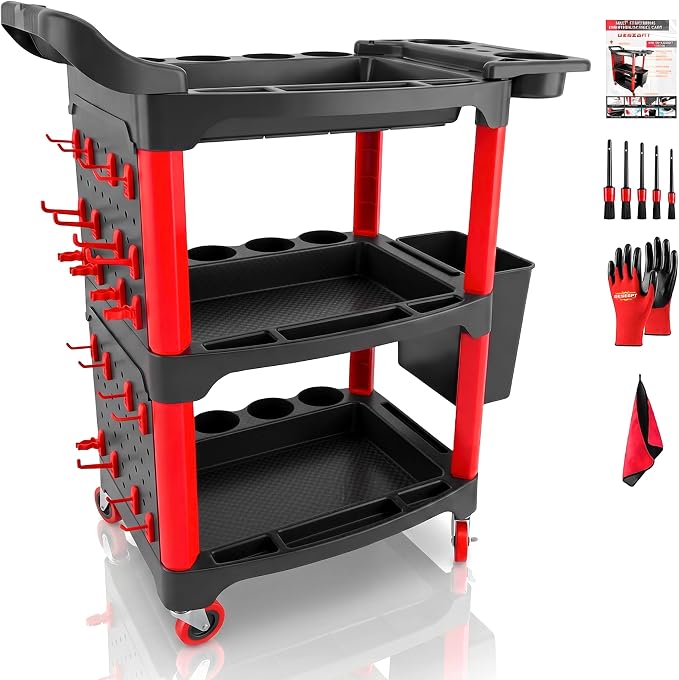 Auto Detailing Cart with Wheels, 3 Tier Rolling Detail Cart with Long Hanging by Unknown