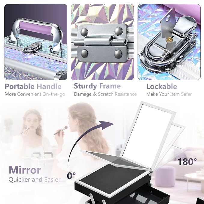 Joligrace Makeup Train Case Makeup Case Organizer Portable Cosmetic Box Storage - Image 4