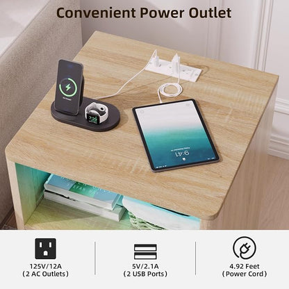 VOWNER Fluted Nightstand with Charging Station, 18” RGB Night Stand with 2 - Image 3