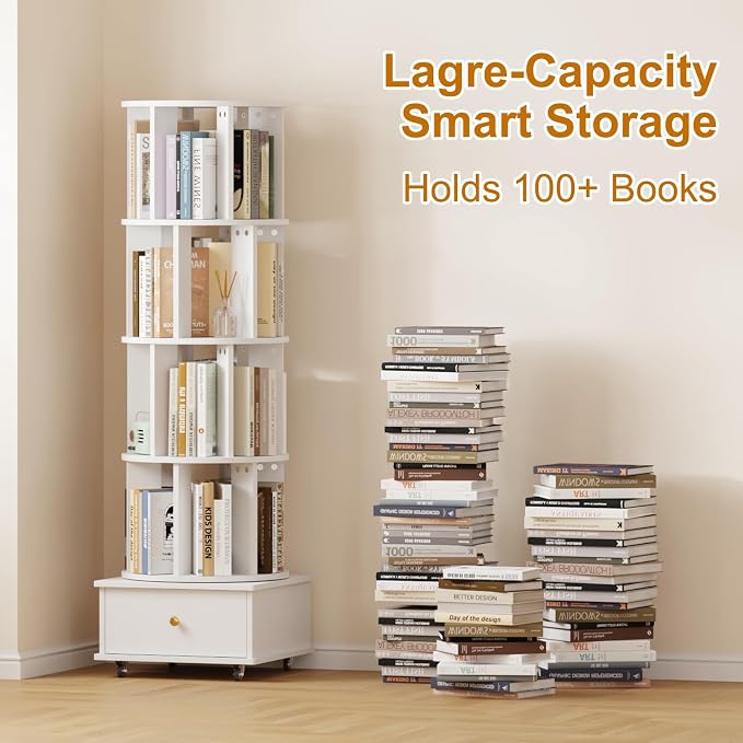 Rotating Bookshelf with Drawers on Lockable Wheels Wood White | 5 Tier Spinning - Image 6