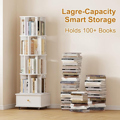 Rotating Bookshelf with Drawers on Lockable Wheels Wood White | 5 Tier Spinning - Image 6