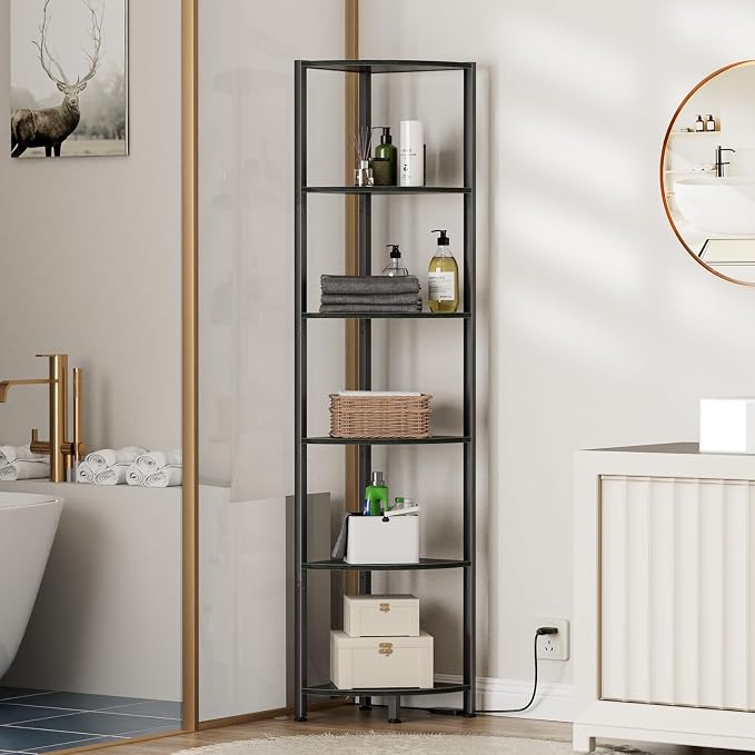 6 Tier Corner Shelf with LED Light, 67.5" Black Narrow Bookshelf | Tall - Image 5