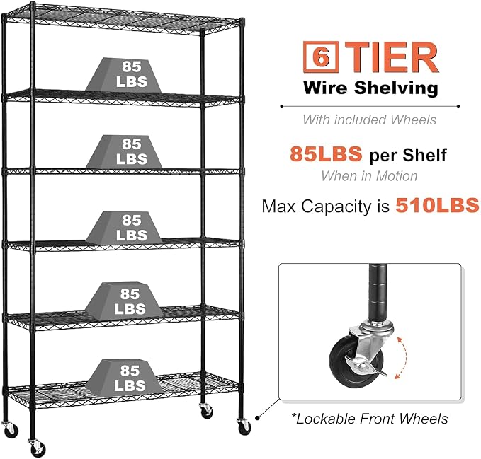 6-Tier Storage Shelves NSF Certified Wire Shelving Unit on Wheels Heavy Duty - Image 6