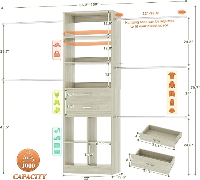 Besiost Closet System, 4-8 FT Closet Organizer Systems - Image 3
