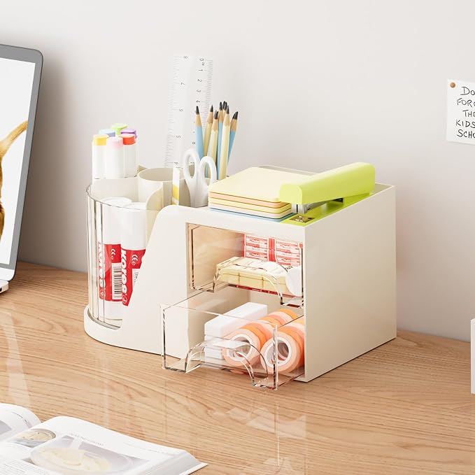 Marbrasse Desk Organizer with 2 Drawer, 360°Rotating Pen Holder, Desk - Image 4