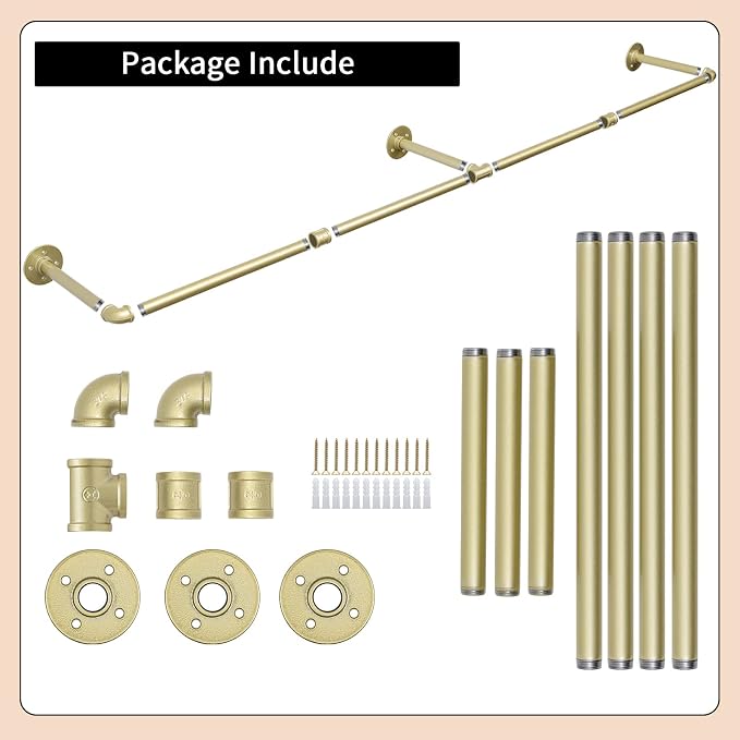 Oroonoko 72inch Gold Wall Mounted Clothes Rack, Industrial Pipe Garment Rack - Image 4